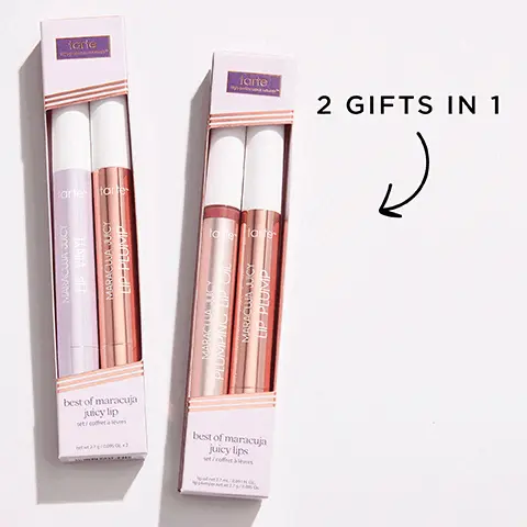 2 gifts in 1. 2 free maracuja juicy lips. Plump, finish glossy, coverage buildable, what it does plumps. Plump Shimmer, shimmer, buildable, plumps. Vinyl, wet shine, 4 sheer or 4 fuller, shine. Plumping Oil, juicy, light, conditions. Miracle of Maracuja. Omega Fatty Acids moisturize to promote youthful-looking skin. Vitamin C helps brighten & even out skin tone. Antioxidants, Moisturize to promote healthy-looking skin. Super Fruit Lip Smoothie. 1. Maracuja 2. Peach 3. Strawberry 4. Acai 5. Cranberry 6. Blueberry 7. Watermelon 8. Goji 9. Grapeseed 10. Pomegranate 11. Acerola 12. Vitamin E. Each product lifts up the women who sustainably harvest maracuja in an all-female cooperative.