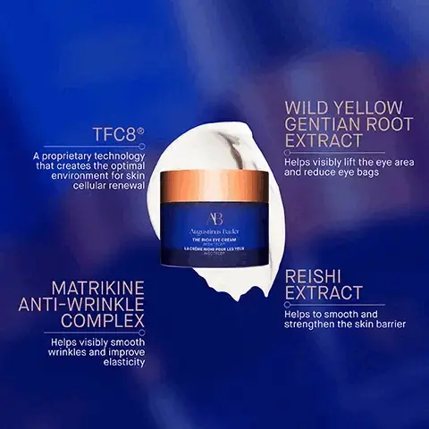 image 1, TFC8 - a propretary technology that creates the optimal environment for skin cellular renewal. wild yellow gentian root extract - helps visibly lift the eye area and reduce eye bags. matrikine anti wrinkle complex - helps visibly smooth wrinkles and improve elasticity. reishi extract - helps to smooth and strengthen the skin barrier. image 2, clinically proven results. skin hydration improved by two times. fine lines and wrinkles reduced by 25%. eye puffiness reduced by 46%. in a 4 week clinical trial of 35 males and females, aged 35+, 50% with self perceived sensitive skin. image 3, user proven results. 95% agree the eye area appears visibly lifted and firmer. 90% agree the appearance of fine lines and wrinkles is diminished. 91% agree under rye bags appear reduced. in a 4 week consumer perception study of 110 males and females, aged 35+, 50% with self perceived sensitive skin. image 4, step 1 = dab a small amount under the eye and on the upper lid, working outwards. step 2 = softly tap around the eye in a circular movement. step 3 = use the applicator to swipe from the inner corner outward. AB insider tip - store the applicator in the refrigerator for a cooling effect to help de-puff and support microcirculation. Image 5, BEFORE AFTER 12 WEEKS Clinically proven to firm and smooth the appearance of fine lines and wrinkles