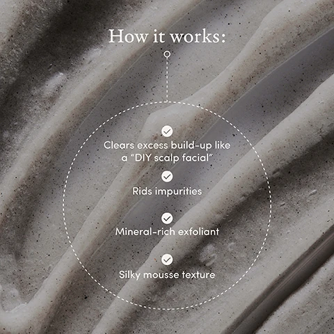 Image 1, how it workds. clears excess build up like a DIY scalp facial. rids impurities. mineral rich exfoliant. silky mousse texture. image 2, volcanic ash - helps exfoliate the scalp while absorbing excess oil. argan oil - boosts hydration and promotes gorgeous frizz free hair. panthenol - prevents moisture loss, while leaving hair feeling fuller and more voluminous. biotin - shown to improve hair luster and strands thickness. image 4, as featured in - vogie, the new york times, in style, elle, allure, refinery 29, GQ and today. image 5, safe for colour treated hair, dermatologist tested, 100% vegan, leaping bunny certified, made in the USA.