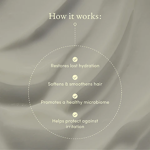 image 1, how it works - restores lost hydration, softens and smoothens hair, promotes a healthy microbiome, helps protect against irritation. image 2, jack fruit - a powerhouse of antioxidants and vitamins, renowned for its rejuvenating properties. olive leaf extract - an antioxidant rich, natural emollient with antimicrobial benefits. pre and post biotics - advanced skin microbiome regulators that support optimal skin health. rice bran extract - packed with vitamins, antioxidants and essential fatty acids that hydrate the skin while adding shine to hair. image 3, safe for colour treated hair, dermatologist tested, 100% vegan, leaping bunny certified, made in the USA.