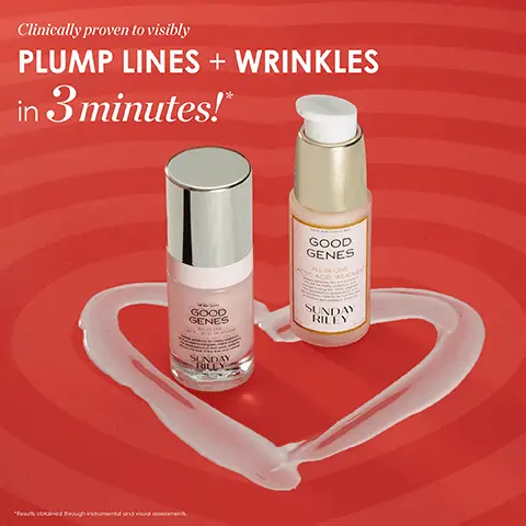 Image 1, Clinically proven to visibly PLUMP LINES + WRINKLES in 3 minutes! "Feed Prough instrumental and valent GOOD GENES GOOD GENES SUNDAY RILEY Image 2, Win-Win Kit GOOD GENES ALL-IN-ONE LACTIC ACID TREATMENT SUNDAY RILEY Full Size GOOD GENES ALLINON LACTIC ADD AMIN SUNDAY RILEY Travel Size Image 3, Brightens the Appearance of Dark Spots Exfoliates Skin for an Instant Glow