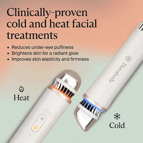 Image 1, Clinically-proven cold and heat facial treatments• Reduces under-eye puffiness • Brightens skin for a radiant glow • Improves skin elasticity and firmnessHeat*Therabody*Cold Image 2, 3 Therapies, 1 DeviceDepuffingCold TherapyRadiance Boosting Heat Therapy&eRevitalizing Contrast TherapyStep 1: Heat Therapy to boost circulationStep 2: Cold Therapy to sooth puffiness & improve firmness Image 3, Safe, Science-Backed Treatments3 preset temperatures of Heat and Cold that are safe for delicate skin & suitable for all skin typesColdHeatTherabody Image 4, 73%of study participants felt that their eyes looked more rested and more awake after one use*78%of study participants felt their eye area looked firmer after one use*Results based on survey responses of 58 study participants following tx use of device. Protocol: Completed treatment steps on clean, dry skin starting with Heat (moderate setting followed by Cold (coldest setting total treatment time 8-10 minutes. For full treatment protocol visit therabody.com/science Image 5, 90%of study participants reported that their eyearea felt more rejuvenated after one use* results based on survey responses of 58 study participants following tx use device. protocol completed treatment steps clean, dry skin starting with heat moderate setting followed by cold (coldest setting, total time 8-10 minutes. for full visit therabody.com science image 6, designed precisioncontoured tip applicator to treat all areas the face, including small, delicate 7, enhance radiancebrighten dull and improve product absorption therapyprotocol (moderate 8, afterbeforeclinically proven reduce puffinessinstantly relieve puffiness setting) 9, beforeafterunched individual may var73%of felt that their eyes looked more rested awake after one use*results device, protoco: setting. science data-cke-saved