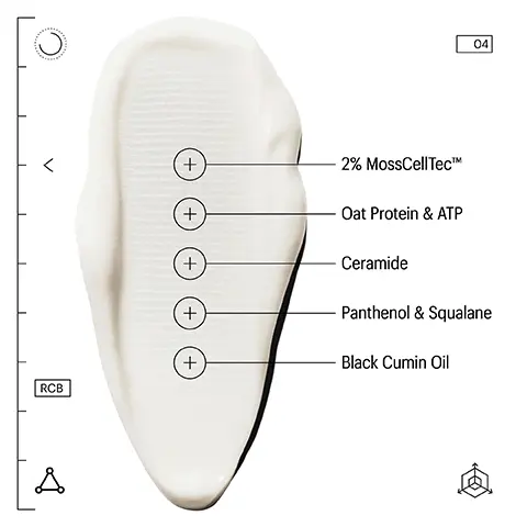 Image 1 - A white cream or lotion is displayed with labels indicating ingredients: 2% MossCellTec™, Oat Protein & ATP, Ceramide, Panthenol & Squalane, and Black Cumin Oil. Image 2 - A cream-colored textured background features a review by Julie B, including her name, a star rating of five, and the text stating THE ONLY THING THAT HELPED, followed by her testimonial about skin irritation and relief after two weeks of use. Image 3 - An image of a lotion bottle nozzle dispensing a product with a background showing a cream swatch, alongside a dosage scale indicating 4 pumps over face, neck, and eye area, AM and/or PM.