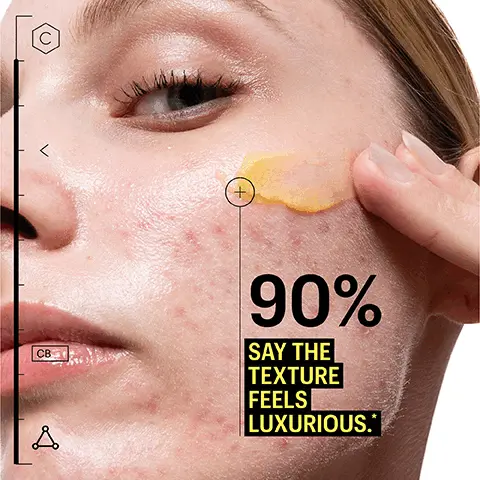 Image 1 - A close-up of a womans face showcasing her skin with a finger applying a yellow product, accompanied by the text 90% SAY THE TEXTURE FEELS LUXURIOUS.
Image 2 - A close-up image of a yellow oil-like substance with text listing ingredients and benefits including Vitamin C, Vitamin E, and an 8-oil blend featuring Squalane, Safflower Seed Oil, Sea Buckthorn Oil, Blueberry Seed Oil, Acai Oil, Raspberry Seed Oil, Grapeseed Oil, and Soybean Oil. Image 3 - Two facial cleansing products are displayed: a blue tube labeled Vitamin C & Omegas Cleansing Balm and a silver tube labeled Molecular Silk Amino Hydrating Cleanser, with the text DOUBLE CLEANSING DUO, START WITH OUR BALM, and CONTINUE WITH OUR FACE WASH.