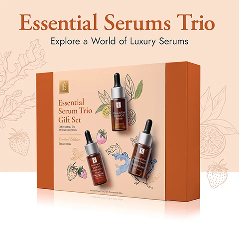 image 1, essential serums trio. explore a world of luxury serums. image 2, three premium serums, featuring a blend of age-defying and hydrating botanicals, transform the look of skin. image 3, can't get enough of your new favourite serum? try it in the full 1 fl.oz size. image 4, celebrate the holidays. with two limited eidtion gift sets from eminence organics.