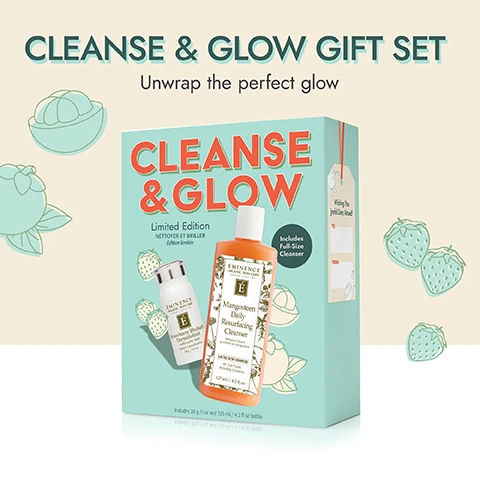 image 1, cleanse and glow gift set. unwrap the perfect glow. image 2, the power of pairing. this cleanser and exfoliant work together to soften, refine and brighten. image 3, reveal skin's natural radiance with mangosteen and strawberry.