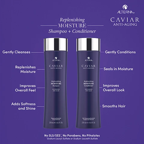 Image 1 - Image shows two bottles of Alterna Caviar Anti-Aging Replenishing Moisture Shampoo and Conditioner, with attributes like gently cleanses, replenishes moisture, and improves overall feel listed beside the shampoo, and gently conditions, seals in moisture, and improves overall look next to the conditioner; each bottle is labeled with their respective contents and volume.
Image 2 - An image displaying the packaging design for Alterna Caviar Anti-Aging Replenishing Moisture Shampoo, featuring three droplets of the shampoo with labels for Omega-3s, Caviar Extract, Proteins and Minerals, and Antioxidants, along with their respective descriptions.
Image 3 - Image shows a smooth, white conditioner with labeled benefits for hair care, including Omega-3s, Caviar Extract, Proteins and Minerals, and Antioxidants, along with their respective descriptions.
