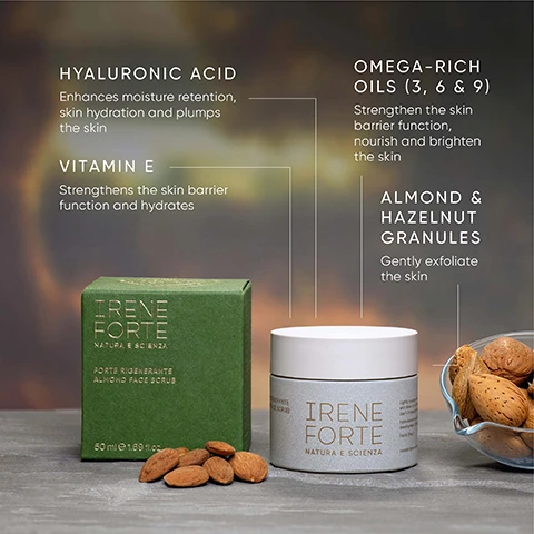 Image 3 - The image displays an Irene Forte Almond Face Scrub product in a green box and a grey jar, positioned on a grey surface with scattered almonds and a glass bowl of almonds, featuring overlay text that reads: HYALURONIC ACID Enhances moisture retention, skin hydration and plumps the skin, VITAMIN E Strengthens the skin barrier function and hydrates, OMEGA-RICH OILS (3, 6 & 9) Strengthen the skin barrier function, nourish and brighten the skin, ALMOND & HAZELNUT GRANULES Gently exfoliate the skin; product packaging shows IRENE FORTE NATURA E SCIENZA FORTE RIGENERANTE ALMOND FACE SCRUB 50 ml e 1.69 fl.oz. and IRENE FORTE NATURA E SCIENZA. Image 5 - A smear of white textured cream with small brown particles is shown on a white background, accompanied by three black line icons and their descriptive text: the top icon shows a skin pore with arrows pointing upwards, labeled EXFOLIATES; the middle icon shows a water droplet over wavy lines, labeled HYDRATES; and the bottom icon shows a face with a magnified textured area, labeled PROTECTS & CALMS. Image 6 - An image with a textured green background displays a circular seal and multiple lines of white text, stating Clinically Sensitive Skin Approved For, Proven as safe for sensitive skin*, Tested on sensitive skin in a 96-hour occluded patch test, and *Independent dermatological test undertaken on 25 participants with sensitive skin.