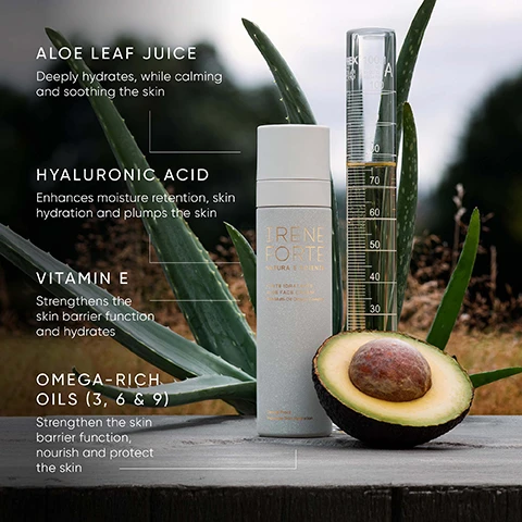 Image 3 - A product image displays a white skincare bottle labeled IRENE FORTE NATURA E SCIENZA FORTE IDRATANTE ALOE FACE CREAM With Multi-Oil Omega Complex and Clinical Proof Improves Skin Hydration, a graduated cylinder with yellow liquid marked EX 100 ml +/- 0.5 ml In 20°C ISO 4788 A 100 and measurements from 30 to 100, and a halved avocado with its pit, all resting on a dark wooden surface with blurred aloe vera plants in the background, while overlaid descriptive text highlights ingredients and benefits: ALOE LEAF JUICE Deeply hydrates, while calming and soothing the skin; HYALURONIC ACID Enhances moisture retention, skin hydration and plumps the skin; VITAMIN E Strengthens the skin barrier function and hydrates; OMEGA-RICH OILS (3, 6 & 9) Strengthen the skin barrier function, nourish and protect the skin. Image 6 - The image shows a bar chart with aloe vera leaves in the foreground, titled CLINICALLY PROVEN TO HYDRATE*, illustrating Moisturization (Corneometer® Units) increasing from Baseline to After 28 Days, with an asterisk note reading Independent Clinical Trial: Biobasic Europe / University of Pavia. Image 7 - A dark blue textured background features a gold circular seal at the top with CLINICALLY SENSITIVE SKIN APPROVED FOR written around it, and white text below stating PROVEN AS SAFE FOR SENSITIVE SKIN* Tested on sensitive skin in a 96-hour occluded patch test. with a footnote *Independent dermatological test undertaken on 25 participants with sensitive skin.