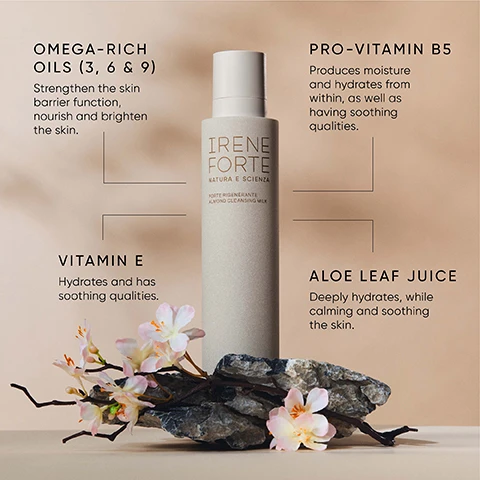 Image 3 - A product image features a tall beige bottle of Irene Forte skincare on rocks with pink flowers, surrounded by text explaining its benefits and ingredients: IRENE FORTE NATURA E SCIENZA FORTE RIGENERANTE ALMOND CLEANSING MILK. OMEGA-RICH OILS (3, 6 & 9) Strengthen the skin barrier function, nourish and brighten the skin. PRO-VITAMIN B5 Produces moisture and hydrates from within, as well as having soothing qualities. VITAMIN E Hydrates and has soothing qualities. ALOE LEAF JUICE Deeply hydrates, while calming and soothing the skin. Image 5 - A white cream or product swatch is shown with three black line icons and their corresponding text labels: an icon representing impurities with the text CLEANSES, an icon representing hydration with the text HYDRATES, and an icon of a face representing skin care with the text PROTECTS & CALMS. Image 6 - An image with a green textured background displays text in white, including a circular graphic that reads CLINICALLY SENSITIVE SKIN APPROVED FOR, followed by PROVEN AS SAFE FOR SENSITIVE SKIN* Tested on sensitive skin in a 96-hour occluded patch test, and OPHTHALMOLOGIST TESTED ON SENSITIVE EYES** Tested on eyes twice daily over 28 days, with footnotes *Independent dermatological test undertaken on 25 participants with sensitive skin and **Independent ophthalmologist test undertaken on 20 participants.