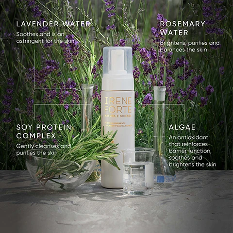 Image 3 - A white Irene Forte Lavender Foam Cleanser bottle, scientific glassware with liquids, and fresh rosemary sprigs are set against a background of lavender plants, with text overlays describing ingredients: LAVENDER WATER Soothes and is an astringent for the skin, ROSEMARY WATER Brightens, purifies and balances the skin, SOY PROTEIN COMPLEX Gently cleanses and purifies the skin, and ALGAE An antioxidant that reinforces barrier function, soothes and brightens the skin. Image 5 - A graphic displays three white foam elements with black line icons and accompanying text; the top element shows a honeycomb icon and the text BRIGHTENS, the middle element shows a skin texture icon and the text CLEANSE & PURIFIES, and the bottom element shows a face and pore icon with the text CALMS. Image 6 - The image shows a reddish-brown textured background with a gold stamp at the top and white text, reading: CLINICALLY SENSITIVE SKIN APPROVED FOR PROVEN AS SAFE FOR SENSITIVE SKIN* Tested on sensitive skin in a 96-hour occluded patch test. *Independent dermatological test undertaken on 25 participants with sensitive skin.