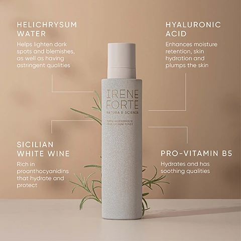 Image 3 - A light gray, speckled skincare toner bottle with a light pink cap stands on a beige surface with green leafy sprigs around its base, displaying text that reads IRENE FORTE NATURA E SCIENZA FORTE RIGENERANTE HELICHRYSUM TONER, with accompanying text blocks for ingredients: HELICHRYSUM WATER Helps lighten dark spots and blemishes, as well as having astringent qualities, HYALURONIC ACID Enhances moisture retention, skin hydration and plumps the skin, SICILIAN WHITE WINE Rich in proanthocyanidins that hydrate and protect, and PRO-VITAMIN B5 Hydrates and has soothing qualities. Image 5 - A white, S-shaped cream or liquid blob on a white background features four circular icons with text: a water droplet icon labeled HYDRATES, a skin texture icon labeled PURIFIES, a honeycomb pattern icon labeled BRIGHTENS, and a face with a magnifying glass icon labeled CALMS. Image 6 - A green textured background displays a circular emblem reading CLINICALLY SENSITIVE SKIN APPROVED FOR, with the main text PROVEN AS SAFE FOR SENSITIVE SKIN* Tested on sensitive skin in a 96-hour occluded patch test, and a footnote *Independent dermatological test undertaken on 25 participants with sensitive skin.
