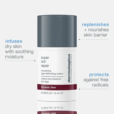 A tube of Dermalogica Super Rich Repair nourishing age-defending cream is shown with labels indicating it infuses dry skin with soothing moisture, replenishes and nourishes skin barrier, and protects against free radicals.