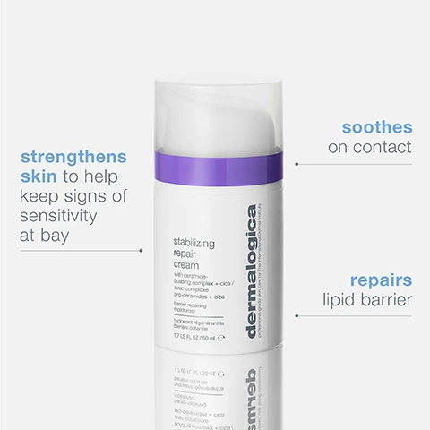Image 1 - Image of a white lotion bottle with a purple lid labeled dermalogica stabilizing repair cream and text stating strengthens skin to help keep signs of sensitivity at bay, soothes on contact, and repairs lipid barrier.
Image 2 - The image features three circular sections showing different skincare ingredients: the top section displays a cluster of purple bubbles labeled ceramide-building complex with the text provides restorative lipids to strengthen skin’s barrier, the left section shows a close-up of a brown plant root labeled cica with the text helps to balance skins moisture content, and the right section displays a green leaf labeled boerhavia diffusa root with the text helps reduce the appearance of redness.
Image 3 - Text on a gray background states clinically proven to help stop sensitive skin within 1 week*.
Image 4 - Side-by-side images showing a womans face with visible redness and blemishes on the left labeled before and a clearer, smoother complexion on the right labeled after 28 days.
Image 5 - Image of a product labeled dermalogica stabilizing repair cream with descriptions of its ingredients: ceramide-building complex, cica, and boerhavia diffusa root, along with brief benefits of each ingredient, set against a gray background.
Image 6 - A person is receiving a facial treatment with a hand applying cream to their cheek, and a container of Dermalogica Stabilizing Repair Cream is visible in the foreground along with text that reads treatment room tested soothes + strengthens at home.
Image 7 - Image shows four skincare products from Dermalogica on a purple background with labels indicating their uses: cleanse, tone, treat, and moisturize; the products are ultracalming cleanser, ultracalming mist, ultracalming serum concentrate, and stabilizing repair cream.
Image 8 - A young woman with a light headband smiles while holding a small container of Dermalogica stabilizing repair cream, with text stating an 88% increase in ceramide levels within 48 hours and that 100% of participants felt their skin was less itchy after 28 days of daily use.
