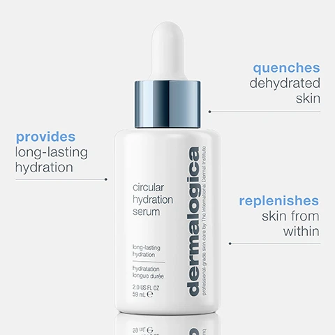 Image 1 - A white bottle of Dermalogicas Circular Hydration Serum with a dropper top, featuring text that includes provides long-lasting hydration, circular hydration serum, quenches dehydrated skin, and replenishes skin from within.
Image 2 - An image showing three clear gel-like substances in circular containers, with accompanying text that reads algae extract-infused moisturizing matrix delivers quick and long-lasting hydration, polygutamic acid replenishes skins hydration reserves from within, and hyaluronic acid supplies deep hydration for more supple, radiant skin over time.
Image 3 - A dropper dispensing a clear serum from a white bottle labeled circular hydration serum against a soft gray background, with the text all day hydration and Replenish skin from within.