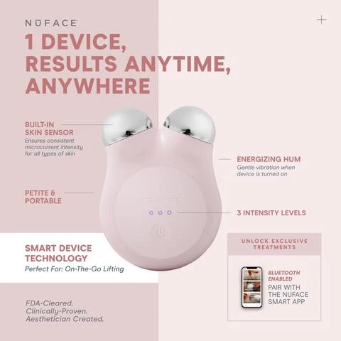 Image 1,NUFACE® 1 DEVICE, RESULTS ANYTIME, ANYWHERE BUILT-IN SKIN SENSOR Ensures consistent microcurrent intensity for all types of skin ENERGIZING HUM Gentle vibration when device is turned on PETITE & PORTABLE NUFACE 3 INTENSITY LEVELS SMART DEVICE TECHNOLOGY Perfect For: On-The-Go Lifting FDA-Cleared. Clinically-Proven. Aesthetician Created. UNLOCK EXCLUSIVE TREATMENTS BLUETOOTH ENABLED PAIR WITH THE NUFACE SMART APP + Image 2, DAY 1 Smoothed Neck DAY 60 Toned Chin NUFACE RESULTS IN 5 MINUTES A DAY, 5 DAYS A WEEK! 60 DAY RESULTS 95% Saw Improvement in the Appearance of Sagging Skin Around the Neck FDA-Cleared. Clinically-Proven. Aesthetician Created. Image 3, Lifted Hooded Eyelid & Brow NUFACE INSTANT RESULTS IN 5 MINUTES! Lifted Jaw BEFORE AFTER IMMEDIATE RESULTS 90% Saw a Lifted Appearance FDA-Cleared. Clinically-Proven. Aesthetician Created. Image 4, NUFACE UNLOCK APP EXCLUSIVE TREATMENTS to target different layers of skin & muscles Help Reduce Wrinkles & Plump Skin Skin-Tightening Mode epidermis dermis Helps Instantly Lift & Contour Instant-Lift Mode Long-Term Muscle Sculpting" Pro-Toning Mode hypodermis muscle 000 BOHON "WM of Un "of Unocked with NAACE A + Image 5, STEP 1: PREP NUFACE EXFOLIATING + HYDRATING Prep-N-Glow® Facial Towelettes 2-in-1 Cleanser & Exfoliant 1 Cleanse with the smooth side FACIA TOWELETT 2 Exfoliate with the textured side EXFOLIATINGING PREP-N-GLOW Image 6, Your New MVP (most versatile patches) Use anywhere skin needs a wake up call to tighten, brighten, and hydrate. Image 7, The Power's In The Patch POWER PATCHES OTHER EYE MASKS PRODUCT SUSTAINABILITY 100% biodegradable patches. sustainable packaging Made with silicone and adhesives that аге поп- blodegradable ΚΕΥ INGREDIENTS Formulated with powerful ingredients all In one patch: Electrolytes Energize & Hydrate Amino Acid Tighten & Smooth -AND- Magnesium Brighten & Soothe Single-solution care Hyaluronic Acid Hydrate Niacinamide Depuff -OR- Caffeine or Vita-C Brighten DEVICE COMPATIBILITY The Power Move, pair with FIX device to distribute microcurrent effectively for supercharged results Not microcurrent compatible NUFACE