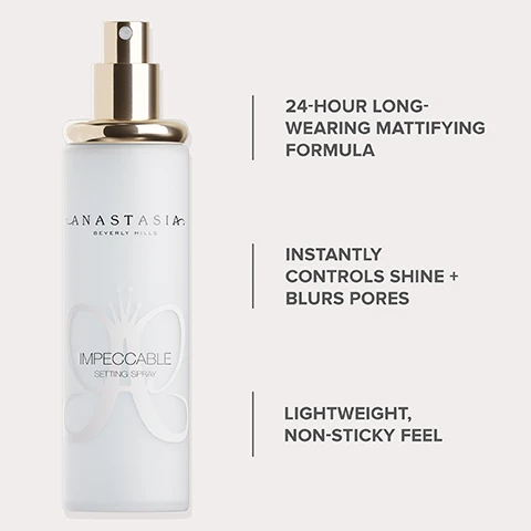 Image 1 - A spray bottle labeled Anastasia Beverly Hills with a frosted design, featuring the text 24-HOUR LONG-WEARING MATTIFYING FORMULA, INSTANTLY CONTROLS SHINE + BLURS PORES, and LIGHTWEIGHT, NON-STICKY FEEL.
Image 2 - A close-up portrait of a woman with long dark hair, flawless skin, and a neutral expression, featuring the text 99% agree their skin looks matte and shine-free after using it and *In an independent study of 100 women.
Image 3 - A close-up image of a woman with dark skin and long, flowing black hair, looking directly at the camera, with instructional text that reads Shake well. Hold 6-8 inches from your face and mist 2-4 times in an “X” and “T” pattern for even coverage.
Image 4 - Image shows two beauty products: a white bottle labeled Impeccable Setting Spray with details about its matte finish, 24HR wear, benefits, ideal for all skin types especially oily, and scent of yuzu ginger; next to it is a shimmering gold bottle labeled Dewy Set Setting Spray with details about its dewy finish, hydrating benefits, ideal for all skin types especially oily, and scent of coconut-vanilla.