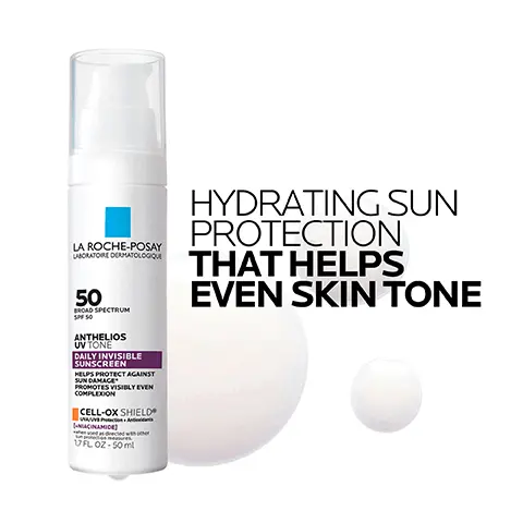 Image 1 - A bottle of La Roche-Posay Anthelios UVA/UVB sunscreen with SPF 50, featuring a pump dispenser and visible text that reads Hydrating sun protection that helps even skin tone.
Image 2 - Image shows three sections featuring different skincare ingredients: the left section has orange bubbles with the text CELL-OX SHIELD TECH, the middle section has swirling gray bubbles with the text NIACINAMIDE, and the right section has blue bubbles with the text THERMAL SPRING WATER along with the text ANTI-IRRITANT & SOOTHING ACTION.
Image 3 - A bottle of La Roche-Posay Anthelios UV Tone Daily Invisible Sunscreen with SPF 50 is shown, featuring statistics that state 97% say the product looks invisible on skin immediately, 92% say skin looks more radiant immediately, and 86% say skin tone looks more even after 4 weeks.
Image 4 - A close-up of a womans face showing her applying a sunscreen with a visible white cream on her cheek, with text highlighting features: non-greasy lightweight texture blends on all skin tones, broad spectrum SPF 50, and Cell-Ox Shield technology UVA/UVB protection and antioxidants.
Image 5 - A sunscreen bottle with a pump labeled Anthelios UV Tone SPF 50 by La Roche-Posay is shown against a background of varying skin shades, alongside the text designed for all skin tones and daily invisible sunscreen.
Image 6 - A hand points to a bottle of La Roche-Posay sunscreen with visible text stating APPLY 15 MINUTES PRIOR TO SUN EXPOSURE CAN BE USED ALONE OR UNDER MAKE-UP.
Image 7 - Logo of La Roche-Posay with icons representing dermatologist recommendation, suitability for sensitive skin, oil-free formula, and non-comedogenic properties, along with the text LA ROCHE POSAY LABORATOIRE DERMATOLOGIQUE RECOMMENDED BY DERMATOLOGIST SUITABLE FOR SENSITIVE SKIN OIL-FREE NON-COMEDOGENIC.
Image 8 - Three skincare products from La Roche-Posay are displayed: a white bottle labeled TOLERIANE Hydrating Gentle Cleanser, an orange bottle labeled VITAMIN C Serum, and a white bottle labeled ANTHELIOS UV Tone Sunscreen SPF 50.
Image 9 - A hand holds a bottle of La Roche-Posay Anthelios UV Tone Daily Invisible Sunscreen with SPF 50, featuring text that reads Recommended by 100,000 Dermatologists Worldwide.