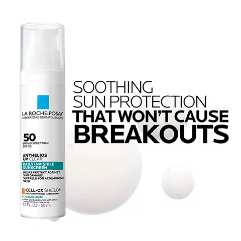 Image 1 - A bottle of La Roche-Posay Anthelios UV Clear Daily Invisible Sunscreen SPF 50 with a pump dispenser, accompanied by text reading Soothing sun protection that won’t cause breakouts.
Image 2 - Image displaying three sections: the first with orange bubbles and the text CELL-OX SHIELD® TECH, followed by PHOTOSTABLE UVA/UVB FILTERS AND POWERFUL ANTIOXIDANT PROTECTION; the second features a teal textured background with the text AZELAIC ACID and HELPS IMPROVE SKIN CLARITY AND THE LOOK OF DISCOLORATION; the third shows clear bubbles and water with the text THERMAL SPRING WATER and ANTI-IRRITANT & SOOTHING ACTION.
Image 3 - A bottle of La Roche-Posay Anthelios UV Clear Daily Invisible Sunscreen SPF 50 is shown, accompanied by text highlighting that 92% of users say their skin feels moisturized immediately, 93% say the product does not leave a white cast after four weeks, and 89% say their skin feels soothed after four weeks.
Image 4 - A young man with light skin is applying a cream to his face against a blue background, with text indicating non-greasy lightweight texture, broad spectrum SPF 50, and Cell-Ox Shield technology for UVA/UVB protection and antioxidants.
Image 5 - Image of a sunscreen bottle with a pump dispenser next to swatches of skin tones, featuring text that reads ANTHELIOS UV CLEAR SPF 50 DESIGNED FOR ALL SKIN TONES.
Image 6 - A hand reaches towards a bottle of sunscreen with a white pump, labeled LA ROCHE-POSAY, indicating SPF 50, with text that reads APPLY 15 MINUTES PRIOR TO SUN EXPOSURE CAN BE USED ALONE OR UNDER MAKE-UP.
Image 7 - Image of a La Roche-Posay promotional graphic featuring a logo at the top, with four icons and text below them stating Recommended by dermatologist, Suitable for rosacea prone skin, Oil-free, and Non-comedogenic.
Image 8 - Three skincare products from La Roche-Posay are displayed: Toleriane Hydrating Gentle Cleanser, Vitamin C Serum, and Anthelios UV Clear Sunscreen SPF 50, each labeled with numbers 1, 2, and 3.
Image 9 - A bottle of La Roche-Posay Anthelios UV Clear Daily Invisible Sunscreen with SPF 50 is held by a hand, next to text that reads recommended by 100,000 dermatologists worldwide.