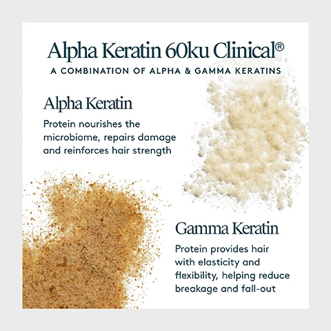 Image 1 - Image shows a product description for Alpha Keratin 60ku Clinical, with two sections labeled Alpha Keratin and Gamma Keratin, detailing their benefits for hair, along with text explaining Alpha Keratin and Gamma Keratin properties.
Image 10 - Image shows a light blue tube of Virtue Scalp Recovery Conditioner placed on a cream-colored background with a swirl of conditioner beside it; visible text includes DRUG FREE, DERMATOLOGIST TESTED, CLINICALLY TESTED, WHAT IT IS: A lightweight fragrance-free conditioner for scalp to ends, WHAT IT DOES: Hydrates, nourishes, and balances the scalps delicate ecosystem, and PERFECT FOR: Those with scalp issues, whether dry or oily.
Image 2 - A photo showing the back of a womans head with blonde hair styled differently on each side, the left labeled BEFORE demonstrating a shorter style and the right labeled AFTER featuring a longer, more layered hairstyle.
Image 3 - Image shows two halves of a persons hair; the left side labeled BEFORE displays frizzy, unstyled hair, while the right side labeled AFTER shows smooth, sleek hair.
Image 4 - Image shows the back view of a woman with shoulder-length hair styled in loose waves on the left side labeled BEFORE and the same woman with sleek, shiny hair on the right side labeled AFTER.
Image 5 - Image shows a comparison of a scalp before and after using Scalp Remedy Conditioner, with key claims including optimizing scalp pH for a healthy microbiome, 93% saw a reduction in itchiness and irritation, hair is more balanced from roots to ends, and 93% saw less flakiness.
Image 6 - A close-up comparison image showing a scalp before and after treatment, with visible skin and hair, where the left side has a flaky texture and the right side appears smoother and healthier; the words BEFORE and AFTER are displayed at the bottom of each side.
Image 7 - An image showing three hair care products arranged in a circular layout, featuring a bottle of Scalp Remedy Shampoo, a tube of Scalp Remedy Conditioner, and a jar of Exfoliating Scalp Scrub, with numbered steps describing their use: 1. Start with Scalp Remedy Shampoo, balances the microbiome, gently exfoliates; 2. Finish with Scalp Remedy Conditioner, hydrates and soothes, strengthens and repairs; 3. Once weekly, Exfoliating Scalp Scrub, dual-action exfoliation, detoxifies the scalp.
Image 8 - A hand holds a small amount of white conditioner being squeezed from a blue tube, with instructions on the right side stating how to use the product: Apply conditioner directly to the scalp on wet hair, work through evenly, and rinse.
Image 9 - Image shows the key ingredients of a scalp remedy conditioner, including a blob of gel-like substance, shavings of white willow bark, and a green fruit, with text describing each ingredient: Alpha Keratin 60KU Clinical - Helps balance the scalp microbiome and pH while promoting healthy hair; White Willow Bark Extract - A natural alternative to salicylic acid that gently exfoliates dead skin cells from the scalp; Ziziphus Joazeiro Bark Extract - Known to comfort and balance the scalp.