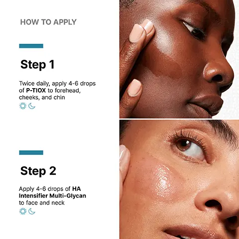 Image 1, HOW TO APPLY Step 1 Twice daily, apply 4-6 drops of P-TIOX to forehead, cheeks, and chin Step 2 Apply 4-6 drops of HA Intensifier Multi-Glycan to face and neck Image 2, PROVEN RESULTS Visibly reduces 9 types of expression lines Glass skin radiance in 1 week Physician-tested to complement neurotoxin injections Protocol: A 12-week, single center clinical study was conducted on 75 females with Fitzpatrick type I-VI (50% of subjects with sensitive skin), ages 25-55 and mild to moderate wrinkles, fine lines, pore appearance, rough skin texture evaluated by dermatologist. Efficacy evaluations were conducted at baseline, week 1, week 2, week 4, week 8, and week 12. SKINCEUTICALS P-TIOX WRINKLE-MODULATING PEPTIDE SERUM IMPROVES THE LOOK OF CONTRACTION LINES, TEXTURE AND RADIANCE Image 3, AESTHETICIAN INSIGHT "Combining P-TIOX and HA Intensifier Multi-Glycan offers a multifaceted approach to anti-aging. This powerful pairing works synergistically to target expression wrinkles, dullness, and loss of volume. Used twice daily, it visibly plumps skin, smooths fine lines, and promotes a more youthful, radiant complexion. I recommend layering the two twice daily for best results." - Cori Ramos SkinCeuticals Pro and Licensed Aesthetician SK ACAD Image 4, Visibly reduces 9 types of expression lines and reveals glass skin radiance Image 5, Before After 12 Weeks Average Above Average Results Protocol: A 12-week, single center clinical study was conducted on 82 females with Fitzpatrick type I-VI, (52% of subjects with sensitive skin), ages 34-65 and mild to moderate wrinkles, fine lines, pore appearance, rough skin texture evaluated by dermatologist. After cleansing. P-TIOX was applied twice daily in the morning and evening followed by a standard moisturizer and sunscreen (AM). Subjects were asked to avoid application of any topical products to the face for at least 2 days prior to baseline. Efficacy evaluations were conducted at baseline, week 1, week 2, week 4, week 8 and week 12. Image 6, CLINICALLY PROVEN RESULTS 10% Instantly Plumps Skin and Improves Radiance 24 Hour Boost in Hydration 24% Visibly Fills Fine Lines *After 12 weeks Protocol: A 12-week, single-c clinical study was conducted on 81 females, ages 35 to 65, Fitzpatrick - with mano moderate skin softness, firmness, and elasticity on the cheeks, as well as fine linerinkles, skin smoothness, plumpness, fing, skin tone evenness, radiance, and overal pearance of skin condition on the global face. and including some who have crow's feckles, under eye wrinkles, perioral wrinkles, forehead lines, marionette lines,acpearance of nasolabial folds. Product was applied twice daily in conjunction with use regular cleanser, moisturizer, and sunscreen. Efficacy evaluation conducted at base post application, and at weeks 1, 4,8, and 12 SKINCEUTICALS HA INTENSIFIER MULTI-GLYCAN Image 7, Visibly improves volume, plumpness, and contour definition Image 8, Before After 12 Weeks Protocol: A 12-week, single-center, clinical study was conducted on 81 females, ages 35 to 65, patrick with mild to moderate skin softness, femness, and elasticity on the cheeks, as well as finenes, wrinkles, skin smoothness, plumpness, ifting, skin tone evenness, radiance, and overall appearance of skin condition on the global face, and including some who have crow's feet wrinkles, under eye wrinkles, perioral wrinkles, forehead lines, marionetenes, and appearance of nasolabial folds.Product was applied twice daily in conjunction with use of regular cleaner, moisture, and sunscreen. Efficacy evaluation conducted at baseline, post application, and at weeks 1,4,8, and 12