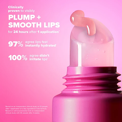 Image 1 - A close-up image of a pink lip product container with a curved applicator, set against a soft pink background, featuring text that reads Clinically proven to visibly PLUMP + SMOOTH LIPS for 24 hours after 1 application, 97% agree lips feel instantly hydrated, 100% agree didnt irritate lips, and a note about the study details at the bottom.
Image 2 - Image showing a close-up comparison of lips with three sections labeled Before, After 15 Minutes, and After 4 Weeks, demonstrating a noticeable increase in plumpness over time with a pink background. Visible text includes Visibly Plumps Lips* and *Based on visible results from Before and After photos taken 15 minutes and 4 weeks after application.
Image 3 - Image showing three close-up views of lips: the top image labeled BEFORE, the middle image labeled AFTER 15 MINUTES, and the bottom image labeled AFTER 4 WEEKS, with a pink background and the text Visibly Plumps Lips* at the top.
Image 4 - A tube of Paulas Choice Pro-Collagen Peptide Gloss Balm on a gradient pink background with instructions that say at least twice daily, swipe directly onto bare lips as needed for a boost of hydration and shine, and use after lip color for added shine.
Image 5 - Image showing a colorful skincare graphic with the title 3x Pro-Collagen Peptide Complex, and three bullet points listing Tridecapeptide-1 which visibly reduces lines and plumps, Palmitoyl Tripeptide-1 which helps support healthy collagen levels, and Palmitoyl Tripeptide-38 which locks in lasting hydration.
Image 6 - A close-up image of a smooth, light pink substance with text overlay that states SHEER TINT NON-STICKY NON-IRRITATING and a footnote about a clinical study.