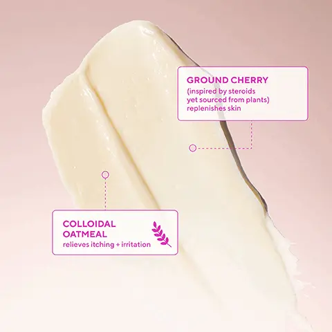 Image 1 - A creamy white lotion swatch is displayed with text labels highlighting ingredients: Ground Cherry, inspired by steroids yet sourced from plants, replenishes skin, and Colloidal Oatmeal, which relieves itching and irritation.
Image 2 - A person is holding a tube of Murad Eczema Control Quick Relief Colloidal Oatmeal Treatment on their shoulder, with text alongside stating TOTAL RELIEF. ZERO STEROIDS Ultra-gentle Hypo-allergenic Alcohol-free Fragrance-free.
Image 3 - The image shows two photos of a hands palm: the top photo labeled Before displays dry, rough skin with visible patches, while the bottom photo labeled After 1 week shows smoother skin with fewer rough areas; there is also visible text in the top corner reading Quick Relief Colloidal Oatmeal Treatment.
Image 4 - Image shows a person holding a tube of Murad Eczema Control therapeutic cream with a pink background; visible text includes THERAPEUTIC CREAM FOR ON-THE-SPOT ITCH RELIEF, Fast-acting to fight off uncomfortable itch, irritation + rashes, and Helps reduce receptivity to eczema trigger signals, so you can go longer between flare-ups.
Image 5 - Image shows four skincare products arranged from left to right, labeled as follows: Step 1 - Cleanse face, Step 2 - Exfoliate + soothe, Step 3 - Hydrate + comfort, and As needed - Relieve itch + redness, with the text A COMPLETE SENSITIVE SKIN REGIMEN at the top.
Image 6 - An arrangement of skincare products from Murad, including a cleanser and moisturizers, displayed with glass elements and greenery, with the text FOR SKIN THAT FEELS EVERYTHING prominently above.