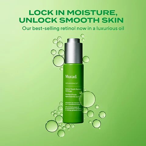 Image 1 - A green background features a bottle of Murad Retinol Youth Renewal Oil Drops, with bubbles around the bottle, and the text reads LOCK IN MOISTURE, UNLOCK SMOOTH SKIN Our best-selling retinol now in a luxurious oil.
Image 2 - Image showing a side-by-side comparison of a womans profile before and after using a skincare product for two weeks, displaying visible skin improvement, with a green bottle of Murad Resurgence Retinol Youth Renewal Oil and text stating clinically proven, visibly reduces wrinkles in 2 weeks, and unretouched real results.
Image 3 - Before and after portraits of a woman showcasing a noticeable improvement in skin firmness; the text includes UNRETOUCHED REAL RESULTS, CLINICALLY PROVEN, and VISIBLY INCREASES SKIN FIRMNESS BY 68% IN 4 WEEKS* along with a green skincare bottle labeled Murad.
Image 4 - Image shows a green bottle of Murad Retinol Youth Renewal Oil Drops with a dropper releasing oil, set against a solid green background, accompanied by text outlining clinical results regarding wrinkle reduction, skin smoothness, firmness increase, and irritation agreement percentage.
Image 5 - Image shows a green background with transparent bubbles of varying sizes, accompanied by text highlighting key ingredients: Retinol firms, smooths fine lines + improves elasticity, Vitamins C, E + Lipids boosts radiance + evens skin tone, and Biofermented Algae Oil replenishes moisture.
Image 6 - A close-up of a womans face with a dropper applying face oil to her cheek, accompanied by text that reads 1 FACE OIL, 3 WAYS TO USE IT 01 Use alone after cleansing 02 Mix 1-2 drops with your favorite PM serum or moisturiser 03 As the last step to lock in your PM skincare.
Image 7 - Image shows two bottles of Murad oil drops on a light gradient background; the green bottle is labeled Retinol Youth Renewal Oil Drops, and the purple bottle is labeled Cellular Hydration Repair Oil Drops, with various bullet points describing their benefits. Visible text includes Oil Drops 101: Wrinkles or Barrier Repair?, Retinol + algae oil, For new + experienced retinol users, Firms, smooths + evens tone, Omegas + 6-vitamin blend, Restores skin barrier, Relieves redness + smooths texture.
Image 8 - Image shows the Retinol Youth Renewal Collection with four skincare products arranged in a row, labeled as Retinol Youth Renewal Eye Serum, Retinol Youth Renewal Serum, Retinol Youth Renewal Night Cream, and Retinol Youth Renewal Oil Drops, on a light green background with the title RETINOL YOUTH RENEWAL COLLECTION and a tagline below.
Image 9 - Image shows two skincare products from Murad on a green background: the left is a bottle of Retinol Youth Renewal Serum with the text Lightweight gel cream, and the right is Retinol Youth Renewal Face Oil Drops with the text Non-greasy, fast-absorbing oil; additional text at the bottom reads Better Together and Derm Tip: Layer oil drops over the serum and cream to lock in and maximise their benefits.
