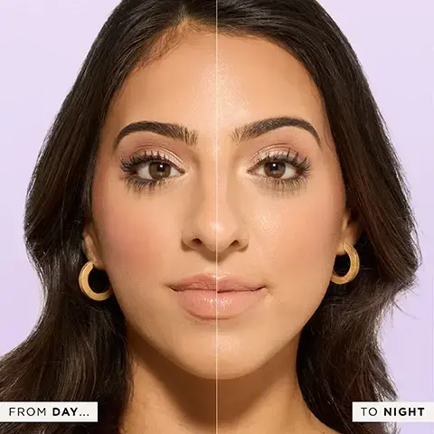 Image 1 - A split image of a woman’s face showing her makeup look transitioning from day on the left to night on the right, with the text FROM DAY... on the left and TO NIGHT on the right.
Image 2 - A woman with closed eyes is smiling while misting her face with a spray from a bottle, with the text up to 16-hr locked in purple on a light purple background.
Image 3 - A pink bottle of Tarte Life Lock hydrating setting spray is partially submerged in water with a soft purple background, featuring text that reads waterproof, sweatproof, and transfer-proof.
Image 4 - A pink spray bottle labeled life LOCK by Tarte is featured, surrounded by splashes of water, coffee beans, strawberries, blackberries, and flowers, with text stating NOURISHES & HYDRATES Tarte™ Superfruit Complex, IMPROVES LOOK OF PUFFINESS Caffeine, and SMOOTHES & EVENS LOOK OF SKIN Bakuchiol.
Image 5 - Close-up of a woman with her eyes closed, showcasing glowing skin and curly hair, with text stating 100% AGREE* skin looks hydrated & feels refreshed *based on a consumer panel of 31 subjects.
Image 6 - A pink spray bottle with a metallic pump is displayed against a light purple background, accompanied by a list of ways to use it, including prep the skin and set for up to 16 hours.
Image 7 - Two Tarte Life Lock hydrating setting sprays in a pink gradient background, with the smaller travel-size on the left and the larger full-size on the right; both bottles have metallic tops and display the text life LOCK and hydrating setting spray fixateur de maquillage hydratant.
Image 8 - A display of makeup products including a concealer, setting spray, and translucent powder with visible text reading conceal, bake & set.