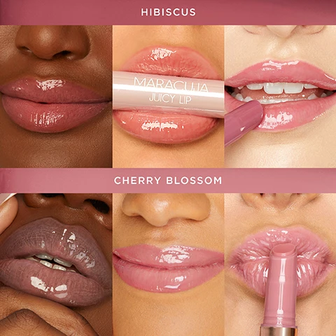 Image 1 - A collage of lips featuring two shades: hibiscus, showcasing a model with glossy lips, and cherry blossom, with another model applying a lip product, alongside close-ups of different lip finishes, and the text HIBISCUS and CHERRY BLOSSOM.
Image 2 - A close-up image of glossy pink lips with a lip product being applied, accompanied by the text Marina Wears Cherry Blossom.
Image 3 - Two lip plump sticks in shades of pink are shown on a glossy surface with visible text labeling them as Cherry Blossom and Hibiscus.
Image 4 - A grid of colorful fruits including passion fruit, peach, strawberries, acai, cranberries, blueberries, watermelon, goji berries, grapeseed, pomegranate, acerola, and vitamin E, with labels for each fruit above and below the images.
Image 5 - A close-up of cut passion fruits in a decorative bowl, with text above stating MIRACLE OF MARACUJA™ OMEGA FATTY ACIDS MOISTURIZE TO PROMOTE YOUTHFUL-LOOKING SKIN VITAMIN C HELPS BRIGHTEN & EVEN OUT SKIN TONE ANTIOXIDANTS MOISTURIZE TO PROMOTE HEALTHY-LOOKING SKIN.
Image 6 - A woman with red hair and a purple shirt smiles as she holds a bowl of cut maracuja fruit, alongside another woman in a patterned shirt who is also smiling, with lush greenery and a body of water in the background; visible text reads each product lifts up the women who sustainably harvest maracuja in an all-female cooperative.