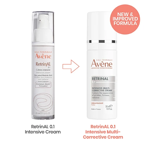 Image 1 - Image shows two skincare product bottles side by side; the left bottle is labeled RetrinAL 0.1 Intensive Cream and the right bottle is labeled Retrinal 0.1 Intensive Multi-Corrective Cream, with a note stating NEW & IMPROVED FORMULA.
Image 2 - Avene Retinal 0.1 Intensive Multi-Corrective Cream bottle in a light setting with text highlighting that retinaldehyde is three times more powerful than retinol, 92% saw improvement in skin firmness, and 89% saw improvement in skin texture.
Image 3 - Image shows a cream-colored skincare product in a droplet shape, with text indicating Clinical Strength Retinaldehyde 10X faster than Retinol, Visibly smooth & firm appearance of skin, and Fragrance-free formula suitable for sensitive skin.
Image 4 - Image features three circular sections with different skincare ingredients; the first section states 0.1% Retinaldehyde with a description about its strength and comfort, the second lists Niacinamide as a powerful antioxidant that reduces fine lines and improves skin barrier function, and the third highlights Hyaluronic Acid as a combination that enhances skin hydration and elasticity.
Image 5 - Image of skincare product icons from Avène, featuring six symbols indicating the products attributes: fragrance-free, paraben-free, sulfate-free, silicone-free, alcohol-free, and mineral oil-free, with an additional icon stating 0% alcohol.
Image 6 - A woman is applying a cream to her face with one hand while looking directly at the camera, and the image contains the text APPLY TO THE FACE, NECK AND DÉCOLLETÉ IN THE EVENING Can be used after 7 days post-superficial aesthetic procedure or once skin has re-epithelialized.
