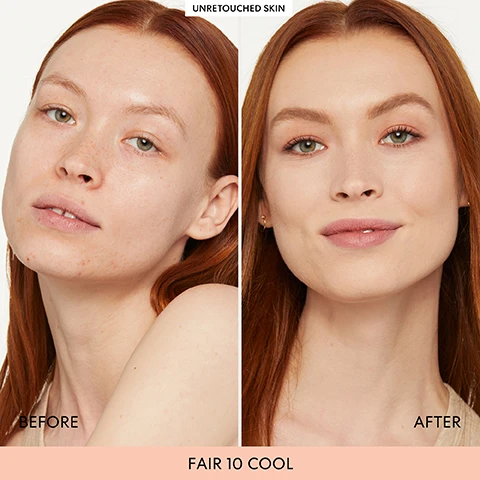 Image 1 - A split image showing a woman with fair skin, on the left labeled BEFORE with visible natural skin texture and blemishes, and on the right labeled AFTER with smoother skin and makeup, with text at the bottom reading FAIR 10 COOL.
Image 2 - Four side-by-side images of diverse individuals demonstrating the effects of makeup on different skin concerns, labeled with the words Pores, Acne, Shine, and Redness, above the text CLEAN, SKIN-IMPROVING MAKEUP IDEAL FOR ALL SKIN TYPES.
Image 3 - A compact of bareMinerals BAREPRO powder foundation is shown with an open lid revealing the powder inside, while text highlights claims of all-day oil and shine control, skin-improving benefits, and smoother skin texture in four weeks.
Image 4 - Image shows three sections featuring ingredients: a slice of pineapple next to a description about brightening skin, a peony flower next to a description about promoting smoother skin, and a mixture of cocoa and shea butters next to a description about preserving skins moisture balance; visible text includes BRIGHTENS AND REFRESHES SKINS TEXTURE, PROMOTES SMOOTHER-LOOKING SKIN, and HELP TO PRESERVE SKIN’S MOISTURE BALANCE.
Image 5 - Image of a black compact with an open lid revealing a powder inside, featuring text stating 24 Hour Weightless Wear and All-Day Oil Control, Crease- and Transfer-Proof, and Talc-Free Formula, along with the brand name bareMinerals and the product name BAREPRO.
Image 6 - Image shows a close-up of multiple round containers of makeup with dark lids organized in a textured pattern, featuring the text YOUR FAVORITE, Upgraded and bulleted claims about the products features including 24HR weightless wear with a matte finish, All-day oil and shine control, Sweat, humidity- and transfer-proof, Visibly reduces pores and improves skins texture over time, and Mess-free.
Image 7 - Image of a bareMinerals product featuring a compact powder, a black sponge applicator, and a makeup brush, with instructional text on using the product both wet and dry, including directions for achieving sheer and maximum coverage. The visible text includes instructions for sheer and maximum coverage.
Image 8 - A black compact powder case is opened to reveal a warm bronze powder inside, with descriptive text on the left stating FORMULA Facts and a list of six attributes: Clean, Vegan, Non-acnegenic, Non-comedogenic, Hypoallergenic, Dermatologist-tested.
Image 9 - A grid showing various models with different skin tones and makeup looks representing the BarePRO 24HR Skin-Perfecting Powder Foundation, categorized into cool, neutral, and warm undertones, including descriptions of shades such as Light with Warm Undertones and Medium Deep with Neutral Undertones.