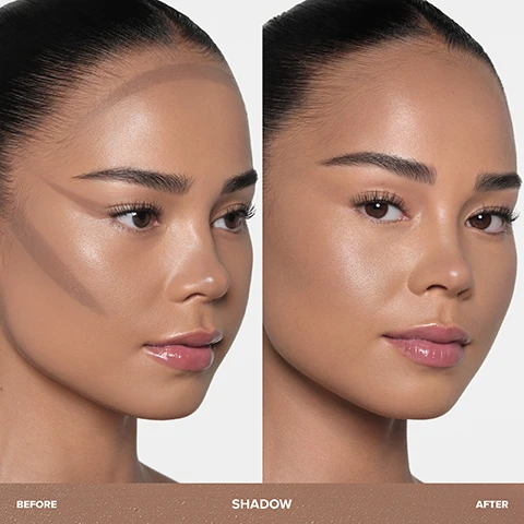Image 1 - Image shows a side-by-side comparison of a womans face before and after makeup application, highlighting a contoured look with visible text labeling the left side as BEFORE, the center as SHADOW, and the right side as AFTER.
Image 2 - Three makeup sticks in varying shades are shown, with visible text highlighting features: Lightweight, creamy formula with a dewy, skin-like finish; Gel-like texture blurs and blends with seamless coverage; Cool tones mimic shadow for natural definition.
Image 3 - A smudge of creamy brown contour makeup is shown with three bullet points listing its features: Non-greasy, non-sticky + non-slip, Effortlessly blends without streaking, Vitamin E helps to moisturize.
Image 4 - A close-up image of a woman with smooth skin and a natural makeup look, showing contouring on her forehead, nose, cheeks, chin, and jawline, with annotations pointing to the forehead near the hairline and temples, tips and sides of the nose, hollows of the cheek, and chin and jawline.
Image 5 - A side-by-side comparison of contour and bronzer makeup products, with the contour shade on the left appearing cool-toned and the bronzer shade on the right appearing warm-toned; visible text includes descriptions of what each product does, placement guidelines, and shade recommendations.
Image 6 - A side-by-side comparison of a womans face with makeup applied on the left, showing highlight and contour lines, and a makeup-free look on the right, with text at the bottom that reads: PAIR WITH Magic Touch Concealer for natural highlight + contour with a skin-like finish.