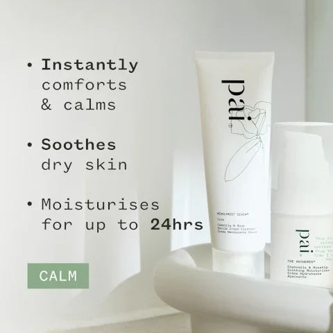 Image shows two skincare products on a light surface with text highlighting their benefits, including instantly comforts and calms, soothes dry skin, and moisturises for up to 24hrs, with the word CALM in a box at the bottom.