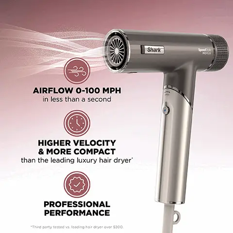 Image 1 - Image of a silver hair dryer with the Shark logo, showcasing airflow of 0-100 MPH in less than a second, higher velocity and more compact features compared to leading luxury hair dryers, and emphasizing professional performance.
Image 2 - A smiling woman with long, wavy hair is using a hairdryer with a blue light feature, accompanied by a badge stating Scalp Shield and text indicating it is developed with dermatologists and stylist approved, along with text that reads easily activate scalp shield mode with the touch of a button.
Image 3 - A circular graphic displaying the features of Scalp Shield, including icons for Optimal Temperature, Protect New Growth, High-Velocity Flow, and Developed with Dermatologists, with the text SCALP SHIELD in the center and additional text stating ACTIVATE TO INSTANTLY ADJUST TEMPERATURE + PROTECT SCALP FROM EXTREME HEAT.
Image 4 - A hair dryer with various attachments including a finishing tool, brush, diffuser, and turbo concentrator, featuring labels like Intelligently adjusts heat and ionic airflow, Scalp Shield mode, and No heat damage.
Image 5 - A sleek silver hairdryer with a wide nozzle is shown, emitting soft streams of air, alongside a circular badge that reads DEVELOPED WITH DERMATOLOGISTS STYLIST APPROVED SCALP SHIELD ACTIVATE TO INSTANTLY ADJUST TEMP + PROTECT SCALP FROM EXTREME HEAT.