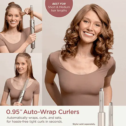 Image 1 - Image of a woman demonstrating the 0.95 Auto-Wrap Curlers; she has long, wavy hair styled in curls, and there are images of her using the curlers, along with text that reads BEST FOR Short & Medium hair lengths and Automatically wraps, curls, and sets, for hassle-free tight curls in seconds. Styler sold separately.
Image 2 - A close-up image of two tapered hair styling barrels designed to create tight, springy curls for all hair types, with text that reads Bouncy & Defined Curls and Tapered barrels create tight, springy curls for all hair types.
Image 3 - Image shows a before-and-after comparison of a woman’s hairstyle, with the left side labeled Pre-styling displaying her straight, wet hair, and the right side labeled Post-styling showing her styled hair in loose curls.
Image 4 - A person is holding a 0.95-inch auto-wrap curler with a sleek design, and there is text that reads 0.95 Auto-Wrap Curlers only compatible with the Shark FlexStyle Air Styling & Drying System, styler sold separately.
Image 5 - A woman with long, curly brown hair smiles while holding a curling iron in her right hand; there is visible text that reads Dry sold separately.
Image 6 - A smiling woman with wavy hair is shown demonstrating a curling tool in various positions; visible text reads Dryer sold separately.