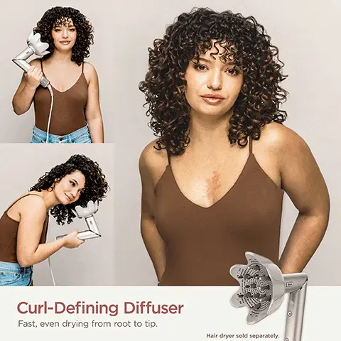 Image 1 - Image shows a woman with curly hair holding a hair diffuser while styling her hair, with images of her in different positions; visible text reads Curl-Defining Diffuser Fast, even drying from root to tip Hair dryer sold separately.
Image 2 - A hand holds a curl-defining diffuser attachment designed for the Shark FlexStyle Air Styling & Drying System, with the text Curl-Defining Diffuser only compatible with the Shark FlexStyle Air Styling & Drying System visible on the image.
Image 3 - A woman with shoulder-length hair is using a hair dryer that emits colorful flowing air, accompanied by text explaining the technology that prevents heat damage. Visible text includes: The tech behind no heat damage Rather than getting hotter as it runs, Shark measures & regulates temperatures 1000 times per second, minimizing heat exposure. Hair dryer sold separately.
Image 4 - A side-by-side comparison of a woman with curly hair, showing her hairstyle before and after styling; on the left, her hair is voluminous and frizzy labeled Before, and on the right, her hair is defined and smooth labeled After.
Image 5 - Image shows a comparison of two portraits of a woman with natural curly hair, on the left labeled Before with a larger, less defined hair style and on the right labeled After with a more defined and styled curly hair look, she is wearing a light beige tank top.
Image 6 - A silver hair dryer is positioned next to a white styling attachment resembling a flower and a container holding makeup brushes, with visible text stating Hair dryer sold separately.
Image 7 - A person is using a Shark hair dryer attachment on curly hair in front of a mirror, with visible text that reads Hair dryer sold separately.