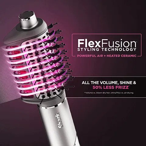 Image 1 - A hair styling tool with a round barrel and bristles, featuring a design that includes pink and purple accents, and text that reads FlexFusion Styling Technology, Powerful Air + Heated Ceramic, and All the Volume, Shine & 50% Less Frizz.
Image 2 - A woman with long, straight blonde hair smiles while holding a wet-or-dry fusion brush, with before-and-after images showing her hair styled from wet to dry; the image includes the text WET-OR-DRY FUSION BRUSH and descriptions of styling options: Go from wet to wow and OR from dry to dazzling.
Image 3 - Image of a hair styling product display featuring a wet-or-dry fusion brush, two 1.25-inch auto-wrap curlers, a FrizzFighter finishing tool, and a curl-defining diffuser on a marble surface, with the text WHATS INSIDE THE BOX in the top left corner.
Image 4 - A close-up of a Shark wet-or-dry fusion brush featuring a teardrop shape for better access to roots, with visible text that reads WET-OR-DRY FUSION BRUSH and the description Teardrop shape gives better access at the roots for end-to-end smoothing.
Image 5 - Image of a hair tool featuring a sleek design with a gray handle and a pink roller head, labeled as FRIZZFIGHTER FINISHING TOOL with the text Smooth frizz and flyaways for a high-gloss shine.
Image 6 - A woman with long, wavy hair is holding a hair dryer near her head, with light emitting from its nozzle, and a badge in the top left corner reads SCALP SHIELD with the text DEVELOPED WITH DERMATOLOGISTS STYLIST APPROVED alongside a button image below.
Image 7 - A side-by-side comparison image showing a woman with long, wavy hair on the left labeled Before and the same woman with smooth, straight hair on the right labeled After, with a product image of a hairbrush at the bottom; text includes WET-OR-DRY FUSION BRUSH Bring body, bounce, and shine to both wet and dry hair.
Image 8 - A woman with long silver hair is shown in two images side by side, with the left labeled Before showing her hair straight and the right labeled After showing her with styled, voluminous curls; below the images are two hair curlers and the text 1.25” AUTO-WRAP CURLERS Curl in seconds with no heat damage.Image 9 - Image shows a side-by-side comparison of a woman’s hairstyle before and after using a curl-defining diffuser, with the left side featuring loose curls and the right side showcasing bouncy, defined curls; visible text includes Before, After, and CURL-DEFINING DIFFUSER Bouncy, defined curls.Image 10 - A diagram illustrating the features of a product called Scalp Shield, highlighting benefits such as optimal temperature for scalp safety, protection of new hair growth, high-velocity flow for fast drying, and development in collaboration with dermatologists; includes text ACTIVATE TO INSTANTLY ADJUST TEMPERATURE + PROTECT SCALP FROM EXTREME HEAT in the center.
Image 11 - Three women with different hairstyles are displayed side by side, showcasing a curly hairstyle on the left, a smooth, straight style in the middle, and a wavy hairstyle on the right, with hair styling tools illustrated below, including a curling attachment, a hair roller, and a round brush.
Image 12 - A woman with long, wavy hair on the left side and straight hair on the right side is shown, with images of a round brush and a roller below her.
Image 13 - Three diverse women smile together, showcasing different hairstyles, with the text FOR ALL HAIRKIND displayed prominently above them.
Image 14 - Image shows five hair styling tool attachments laid out on a light background, featuring a round brush attachment, a roller, a diffuser, and two different nozzle attachments, with the text EXCLUSIVE ATTACHMENTS Included tools are only compatible with FlexFusion.
Image 15 - The image shows a hair styling tool with a brush head and two additional attachments displayed on marble-style surfaces, accompanied by a circular graphic that reads WHATS INSIDE THE BOX.