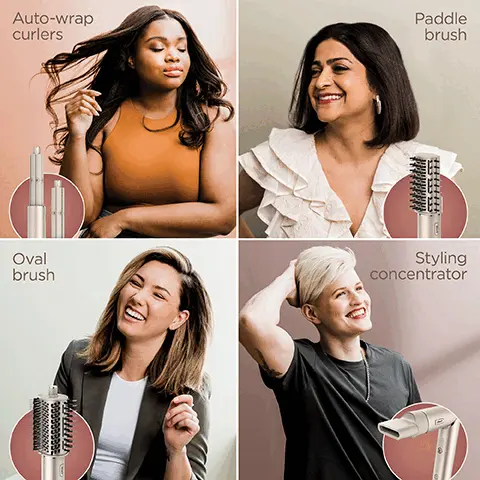 Image 1 - Four women are smiling and showcasing hair tools: a woman with long hair demonstrates auto-wrap curlers, a woman with short hair holds a paddle brush, another woman poses with an oval brush, and a woman with platinum hair shows a styling concentrator; visible text includes Auto-wrap curlers, Paddle brush, Oval brush, and Styling concentrator.
Image 2 - A person using a hair curler that automatically wraps and curls hair, with visible text that reads Wraps, curls, sets, automatically with Coanda Technology. Place a lock of hair near the curler and it automatically wraps, curls, and sets.
Image 3 - A woman holds a hair dryer with colorful airflow visual effects, showcasing the products technology, accompanied by the text The tech behind no heat damage and Rather than getting hotter as it runs, Shark measures & regulates temperatures 1000 times per second, minimizing heat exposure.
Image 4 - A woman with medium-length brown hair smiles while holding an oval brush, with images of her using the brush in different ways, along with the text Oval Brush Dual bristles and powerful airflow smooth and defrizz, while adding volume and bounce.
Image 5 - A woman with long, straight hair wearing a brown tank top and blue jeans is shown using a paddle brush in multiple images; visible text reads Paddle Brush Smooth and straighten all at once for a sleek blowout.
Image 6 - A woman with long, straight hair is smiling and demonstrating a styling tool; the image features three pictures of her using the tool and a text label that reads Styling Concentrator Dry and style at the same time.
Image 7 - A woman with shoulder-length wavy hair smiles while demonstrating an auto-wrap curler, with images of the curler being used alongside her, and text below stating Auto-Wrap Curlers automatically wraps, curls, and sets for hassle-free curls in seconds.
Image 8 - A partially open suitcase packed with neatly folded clothing and a hair styling tool, accompanied by hair rollers, on a textured surface, with the text Lightweight, compact, and ready to stow away displayed below.
Image 9 - A woman with shoulder-length blonde hair is holding a styling tool, looking at her reflection while getting ready to style her hair, with the text Style with air, not extreme heat at the bottom.Image 10 - A hair styling tool with dual bristle types featuring a combination of boar and nylon bristles, designed for detangling, smoothing, and adding shine to hair, with the text Dual bristle types Detangle, smooth, and add shine* to hair with a combination of boar and nylon bristles. *vs. air drying.Image 11 - A person with short, platinum hair smiles while using a styling tool on their hair, with an inset image showing how to twist the tool, and the text reads Go from drying to styling in a twist.
