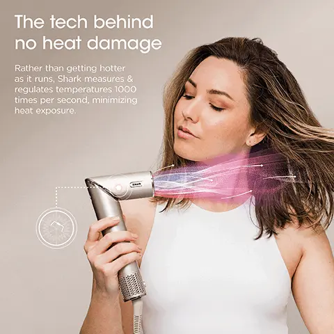 Image 1 - A woman with long hair is using a hair dryer that emits colored airflow, and text on the image reads The tech behind no heat damage and Rather than getting hotter as it runs, Shark measures & regulates temperatures 1000 times per second, minimizing heat exposure.
Image 2 - A woman with curly hair is shown using a curl-defining diffuser, with images of her smiling and styling her hair, accompanied by the text Curl-Defining Diffuser and Fast, even drying from root to tip.
Image 3 - A woman with curly hair is shown in a side-by-side image, with the left side labeled Before showing her natural hairstyle and the right side labeled After displaying a styled, defined look, accompanied by an image of a hair styling tool in the lower corner.
Image 4 - A woman with long, straight hair smiles while holding an oval brush, with images showing her styling her hair, and visible text reading Oval Brush Dual bristles and powerful airflow smooth and defrizz, while adding volume and bounce.
Image 5 - A close-up image of a hairbrush featuring dual bristle types made of boar and nylon bristles, with text that reads Dual bristle types Detangle, smooth, and add shine to hair with a combination of boar and nylon bristles. vs. air drying.
Image 6 - A close-up view of a hair styling tool featuring extendable prongs designed to reach the roots and add volume to curly hair of any length, with the text Extendable prongs Reach to the roots & add volume to curly hair of any length visible on the side.
Image 7 - Extendable prongs
Reach to the roots & add volume to
curly hair of any length.
Image 8 - Styling Concentrator
Dry and style at the same time.
Image 9 - Go from drying to styling in a twist..Image 10 - Image shows a woman with wavy hair smiling and wearing a brown tank top, demonstrating the use of a curling device in three steps with the text 1.25 Auto-Wrap Curlers Automatically wraps, curls, and sets, for hassle-free curls in seconds.
Image 11 - Four people demonstrate different hair styling tools: a woman with long hair using auto-wrap curlers, a woman with curly hair using a curl-defining diffuser, a woman smiling while holding an oval brush, and a man with short hair using a styling concentrator; visible text includes the names of the tools.