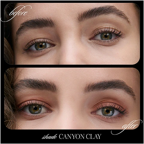 Image 1 - Image shows a side-by-side comparison of a persons eyes before and after makeup application; the top half displays a natural look labeled before, while the bottom half features enhanced makeup with the label after and the text shade CANYON CLAY.
Image 2 - Image shows a row of eight paint swatches in various shades of skin tones with the product title cashmere matte eyelights and description soft, creaseproof color for all-day wear, along with the names of the shades: Tundra Taupe, Dusty Trail, Canyon Clay, Mountain Mist, Desert Rose, Wildflower, Mossy Stone, and Mallo Coast.
Image 3 - A tube of RMS beauty product surrounded by a soft, light-colored fabric, with text highlighting key ingredients: Organic Green Tea Extract and Natural Peptide Quinoa Extract, both described with their benefits.
Image 4 - An image of a cosmetic tube with a needle nose tip, emphasizing its thoughtful packaging, accompanied by visible text stating Thoughtfully PACKAGED, New! Needle Nose Tip Minimizes waste & controls product delivery for a mess-free application with every squeeze, and Artists Tube Made with 100% recycled aluminum.
Image 5 - Image shows two tubes of eyeshadow; the top tube labeled Eyeslights Cream Eyeshadow in a light pink shade and the bottom tube labeled Cashmere Matte Eyelights in a darker, matte tone, with a swatch of each shade below, and text stating THE SAME FORMULA YOU KNOW & LOVE Now In 2 Finishes, followed by descriptions of each product.
Image 6 - Close-up of a womans face showcasing natural makeup, with visible text stating: 100% agree it lasts all day (8 hrs), 100% agree it does not have fallout, 97% agree it does not smudge, 93% agree it does not crease or flake, and Ophthalmologist Tested.