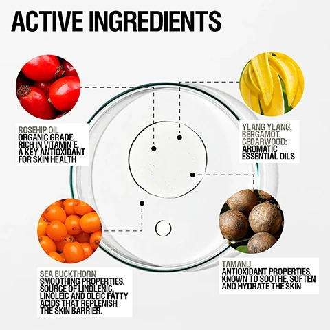 Image 1 - Image shows a circular glass dish containing a clear liquid, surrounded by images of various ingredients including rosehip oil, sea buckthorn, ylang ylang, bergamot, cedarwood, and tamanu, each accompanied by text describing their properties related to skin health. Visible text includes ACTIVE INGREDIENTS, ROSEHIP OIL ORGANIC GRADE, RICH IN VITAMIN E, A KEY ANTIOXIDANT FOR SKIN HEALTH, SEA BUCKTHORN SMOOTHING PROPERTIES, SOURCE OF LINOLENIC, LINOLEIC AND OLEIC FATTY ACIDS THAT REPLENISH THE SKIN BARRIER, YLANG YLANG, BERGAMOT, CEDARWOOD: AROMATIC ESSENTIAL OILS, and TAMANU ANTIOXIDANT PROPERTIES, KNOWN TO SOOTHE, SOFTEN AND HYDRATE THE SKIN.
Image 2 - A close-up image of a person gently holding their shoulder, showcasing smooth skin, with text that reads REPLENISHES SKINS MOISTURE IMPROVES FIRMNESS AND ELASTICITY SOOTHES DRY SKIN.
Image 3 - Image shows three brown spray bottles of skincare product with text stating 100% agreed skin feels smoother, 100% agreed dry skin is soothed, and 94% agreed hydration is visibly restored, with small text at the bottom indicating independent user trial results based on 59 over 2 weeks.
Image 4 - An image featuring a white background with five black stars at the top and text that reads super absorbable and non-greasy, followed by the name noname101.
Image 5 - A close-up of a womans shoulder with glistening oil on her skin, showcasing hands massaging the area, with text that reads HOW TO USE Apply generous amounts onto warm clean skin and massage targeting driest areas such as elbows and knees until absorbed.
Image 6 - Close-up of two clear liquid droplets on a light background with the text NOURISHING OIL at the top.