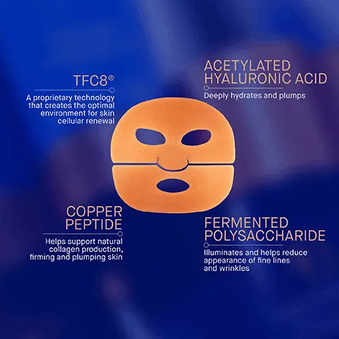 Image 1, TFC8RA proprietary technology that creates the optimal environment for skin cellular renewalACETYLATED HYALURONIC ACID Deeply hydrates and plumpsCOPPER PEPTIDEHelps support natural collagen production, firming and plumping skinFERMENTED POLYSACCHARIDEIlluminates and helps reduce appearance of fine lines and wrinkles Image 2, Clinically Proven ResultsAfter Just One UseSkin hydration improved by 95%Skin luminosity improved by 42% -Crow's feet finelines reduced by 17%AAugustinus E*Clinical Trial after one application, 35 m/1, ages 35-70, 50% with self-perceived sensitive skin. Image 3, before after 4 weeks clinically [roven to visibly reduce redness and reduce fine lines and wrinkles Image 4, User Proven ResultsAfter Just One Use90% agree skin texturelooks and feels smoother92% agree skin feels instantly hydrated78% agree skin appears firmed and lifted"Consumer Perception Study after one application, 110 m/f, ages 18-70,50% with self-perceived sensitive skin. Image 5, Step 1Apply the mask to your face, starting with the top half and then the bottom. Leave on for 20 minutesStep 2Remove and pat in excess serum before following with your Augustinus Bader skincare routineAB Insider TipUse at least 2-3 times per week.Put in the fridge before use for extracooling and de-puffing benefit