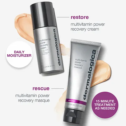 Image 1, DAILY MOISTURIZERmultivitamin power recovery creamdermalogicarestoremultivitamin powerrecovery cream/50multivitaminpower recovery masquedermalogicarescuemultivitamin power recovery masqueACE Smart35 FL OZ/75/15 MINUTE TREATMENT AS NEEDED Image 2, 100% said their skin looked:*firmer in 1 weeksmoother in 2 weeksmore replenished + luminous in 3 weeks*Consumer perception results based on internal 3-week study of 17 subjects, 2 applications/day of MultiVitamin Power Recovery Cream and 1 application/every other day of MultiVitamin Power Recovery Masque. Image 3, more luminous skin after 15 minutes*before15 minutes after application*Consumer perception results based on internal 3-week study of 17 subjects, 2 applications/day of MultiVitamin Power Recovery Cream and 1 application/every other day of MultiVitamin Power Recovery Masque.Image 4, rich, sensorial cream soothes stressed skinreplenishing cream masquerescuesstressed skin Image 5, STRESSED SKIN RECOVERY SYSTEMTREAT+HELPPREVENT STRESSED SKINRESCUE STRESSEDSKINutvitaminpower coverycreamdermalogicamultivitamin powerrecoverymasquedermalogicause moisturizer morning and nightuse masque whenever skin requires a replenishing remedy