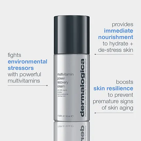 Image 1, provides immediate nourishment to hydrate + de-stress skin175RGZ/50 mL edermalogicaboostsskin resilience to preventpremature signs of skin agingfightsenvironmentalstressorswith powerful multivitaminsmultivitamin power recovery creamACE vannconexACEar 05120 Gqe Image 2, solves for the 4 visible signs of skin stress after 1 use⚫ dryness▲ fine linessaggingdullnessclosesoveclosesveclosesolveclosesovemultivitaminpower recovery creamcomplex/ACEIndependent clinical result after 1 application. Based on a 4 week study of 31 subjects, 2 applications/day.1750/50 edermalogicagrado skin care by Image 3, 94%saw brighter, more luminous-lookingskin**91%felt their skin'stexture had improved***90%said skin lookedand felt smoother**After 1 week. **After 2 weeks. ***After 3 weeks. Consumer perception results based on independent 4-week study of 31 subjects, 2 applications/day. Image 4, CLINICAL PROOF:100% showed more radiant skin 94% had more hydrated skinbeforeafter*Independent clinical result after 1 application. Based on a 4 week study of 31 subjects, 2 applications/day. Image 5, CLINICAL PROOF:reduces the looks of wrinkles and rough skinbeforeafterIndependent clinical result after 1 application. Based on a 4 week study of 31 subjects, 2 applications/day. Image 6, target skin stress at it's sourceACE vitamin complexfortifies skin's barrierfreshwatermicroalgae with astaxanthin helps firm and liftresilience-building peptide blendvisibly minimizes fine lines + wrinklespro-vitamin B5 and niacinamidesoothedehydration-stressedskin Image 7, how to useapply over face and neck with light, upward strokes. use morning and night. Image 8, rich, sensorial cream soothesstressed skin