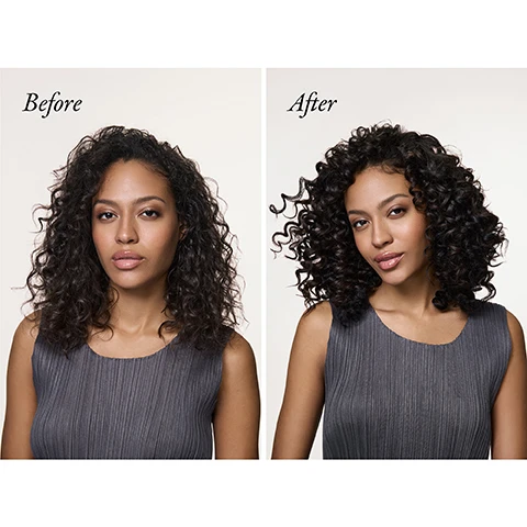 Image 1 - Image shows a side-by-side comparison of a womans hairstyle labeled Before on the left with loose curls and After on the right with more defined, bouncy curls, both wearing a grey sleeveless top.
Image 2 - A dark blue tube of Oribe SuperShine Hydrating Conditioner is angled to the right with three bullet points to the left listing its benefits: locks in hydration without weighing hair down, softens, smoothes and silken strands while improving combability, and nourishes hair and protects it from moisture loss.
Image 3 - A woman with long, straight hair is looking over her shoulder while wearing a black dress, with the text Hair is 2.9x smoother* displayed on the right, and additional text below stating *Based on a clinical study of Supershine Hydrating Shampoo, Conditioner and Supershine Moisturizing Cream vs. a control group.
Image 4 - Image of a woman with long, straight auburn hair on the left labeled Before and the same woman with wavy, longer auburn hair and a smile on the right labeled After.
Image 5 - A side-by-side comparison of a woman showing her hair before and after styling, with Before on the left and After on the right.
Image 6 - Image showing a list of hair care ingredients with descriptions, including Shea Butter which deeply conditions and detangles while softening and smoothing hair, Tropical Candleberry & Marula Oil which locks in hydration to nourish and protect hair, and Nourishing Rice Complex which enriches hair with bio-functional amino acids and protects it from environmental stressors.