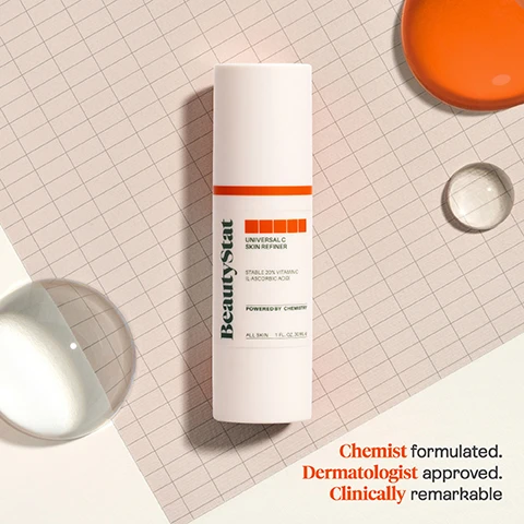 Image 1 - A white bottle of BeautyStat Universal C Skin Refiner is placed on a light grid-patterned surface, surrounded by transparent and orange circular shapes, with text reading Chemist formulated, Dermatologist approved, Clinically remarkable and Stable 20% Vitamin C L-ascorbic Acid.
Image 2 - Close-up of a womans face with a creamy skincare product applied to her cheek, displaying text that states 100% agreed more even skin tone & smaller pores and 94% reported significant reduction in fine lines and wrinkles alongside a footnote about a clinical study.
Image 3 - Side-by-side comparison of a womans face, showing the difference in skin condition before treatment on the left, labeled BEFORE, and after four weeks of treatment on the right, labeled AFTER 4 WEEKS.
Image 4 - Image shows a blurred skin texture with labels including 20% L-Ascorbic Acid: Brightens and firms, Peptides: Reduces fine lines and plumps skin, and Pomegranate Sterols: Helps soothe the skin.
Image 5 - An image displaying the BeautyStat values with a minimalist design, featuring icons for Cruelty Free, Patented Technology, Chemist-Created, and Clinically Tested, along with the text Our BeautyStat VALUES.
