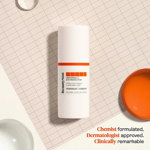 Image 1 - A tube of BeautyStat Universal C Eye Perfector is placed on a grid-patterned background with a round orange disc and a glass orb nearby, featuring text that reads Chemist formulated. Dermatologist approved. Clinically remarkable.
Image 2 - Close-up of a womans face showing her eye area with three small droplets of cream on her cheek; visible text states 97% agreed that their under-eye skin looks and feels hydrated, 90% of participants demonstrated an improvement in the look of crows feet, fine lines and wrinkles, and a note about a 28-day clinical study of 32 subjects using 2x daily.
Image 3 - Side-by-side comparison images showing the skin around the eyes, with the left labeled BEFORE showing more pronounced wrinkles and the right labeled AFTER 4 WEEKS showing smoother skin texture.
Image 4 - Image shows a creamy textured product in a light beige color with labels highlighting key ingredients and their benefits: 5% L-Ascorbic Acid Brightens and firms, Peptides Reduces crows feet & fine lines/wrinkles, Glabridin & Phytosphingosine Tackles the most stubborn, deep-set undereye circles.
Image 5 - A graphic that lists the values of BeautyStat, including icons representing cruelty free, patented technology, chemist-created, and clinically tested.