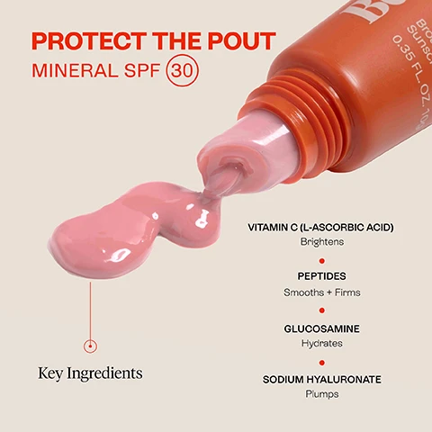Image 1 - A close-up image shows a tube of pink lip product with a small amount of the product squeezed out, alongside text that reads PROTECT THE POUT MINERAL SPF 30 and lists key ingredients: VITAMIN C (L-ASCORBIC ACID) Brightens, PEPTIDES Smooths + Firms, GLUCOSAMINE Hydrates, SODIUM HYALURONATE Plumps.
Image 2 - A woman with long blonde hair holds a tube of lip serum labeled Beauty Stat SPF 30 close to her cheek, with visible benefits listed beside her, including Pure & Stable Vitamin C, Mineral SPF 30, Nourishing Antioxidant, and Rich Vibrant Shades.
Image 3 - Images show four lip close-ups comparing before and after using a lip serum, with the upper images showing a natural lip and a pink glossy lip, and the lower images featuring a natural lip and a shiny pink lip; visible text includes BEFORE, IMMEDIATELY AFTER, and C Lip Serum In Baby Pink.
Image 4 - The image shows two arms with swatches of lip colors labeled Neutral Peach and Baby Pink, with the Neutral Peach swatch appearing on both arms; one arm has a lighter skin tone and the other a darker skin tone.