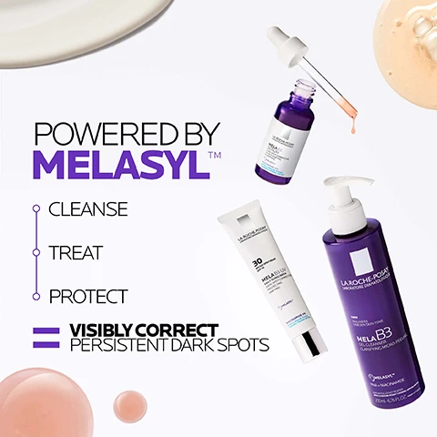 Image 1 - An assortment of skincare products labeled Powered by MELASYL includes a purple bottle with a pump, a dark blue dropper bottle, and a white tube, with the text CLEANSE, TREAT, PROTECT, VISIBLY CORRECT, and PERSISTENT DARK SPOTS.
Image 2 - A split image showing two vibrant blue and purple circular designs on a black background; the left side is labeled MELASYL™ with the text NEW MULTI-PATENTED INGREDIENT, and the right side is labeled NIACINAMIDE with the text HELPS VISIBLY FADE SKIN DISCOLORATIONS.
Image 3 - A bottle of La Roche-Posay Mela B3 gel cleanser with a pump top is displayed on a black background, accompanied by text stating IMMEDIATELY AFTER 1 USE, SKIN FEELS SMOOTHER AND SOFTER, and SKIN TONE APPEARS MORE EVEN.
Image 4 - A purple serum bottle is centered with a dropper cap, featuring the label LA ROCHE-POSAY MELA B3 SERUM DARK SPOT CORRECTOR VISIBLY UNIFYING CLARIFYING and “NIACINAMIDE 10% WITH LA ROCHE-POSAY THERMAL SPRING WATER” and the text NEW MELA B3 SERUM 85% SHOWED REDUCTION IN THE LOOK OF PERSISTENT DARK SPOTS*.
Image 5 - A tube of La Roche-Posay Mela B3 UV Moisturizer SPF 30 is shown against a black background, with text stating skin immediately looks more radiant after use and skin tone appears more even as soon as 1 week, with asterisk noting consumer test of 55 women.
Image 6 - This image features close-up portraits of four individuals with different skin tones and eye colors, alongside skincare products displayed at the bottom; visible text reads SUITABLE FOR ALL SKIN TYPES.
Image 7 - Image shows three skincare products from La Roche-Posay: a purple gel cleanser labeled MELA B3, a serum in a dropper bottle labeled MELA B3, and a sunscreen labeled MELA B3 UV, with the numbers 1, 2, and 3 placed prominently in blue above the products.